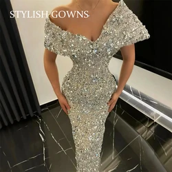 Saudi Arabic Sparkly Bead Diamonds Evening Dress Gems Crystals Glitter Prom Gown Birthday Party Dress Vestidos De فستان وردي