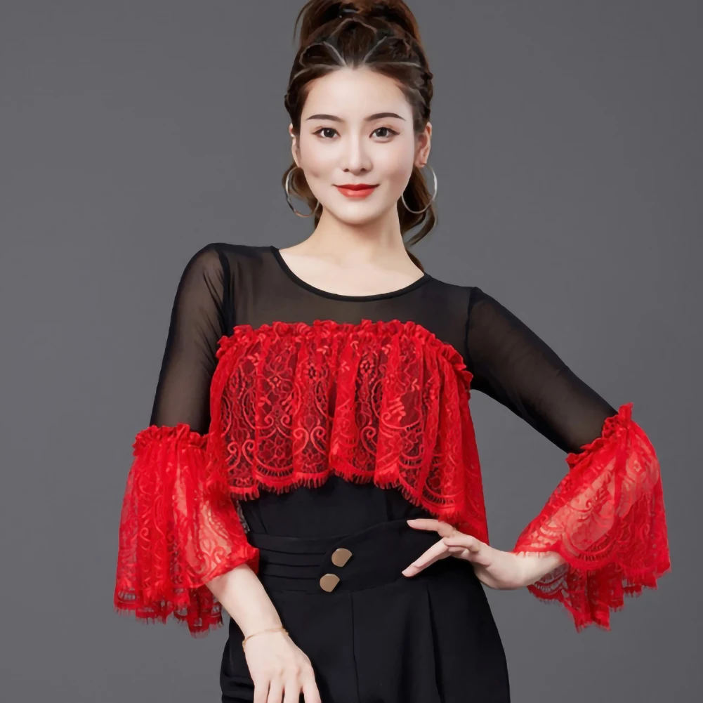 シャツダンス服 レディース トップス トランペットスリーブ グレーブルー ボールルームダンス 新スタイル ジャンプスーツ レッド ラウンドネック モダンダンストップ