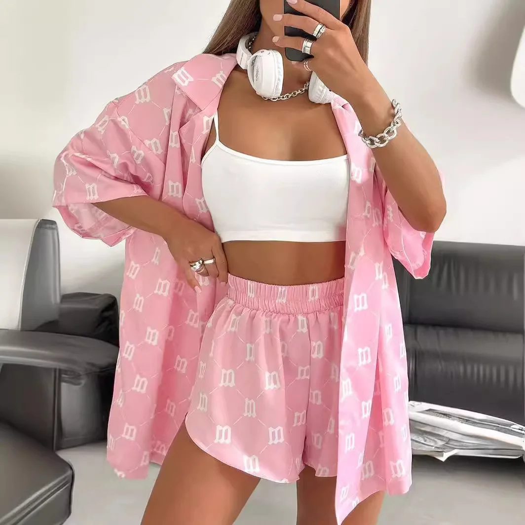 

Шелковый атласный кардиган розового цвета с принтом и шорты с короткими рукавами, пижамы, женский костюм, домашняя одежда, домашняя одежда, 2 шт., ночное белье