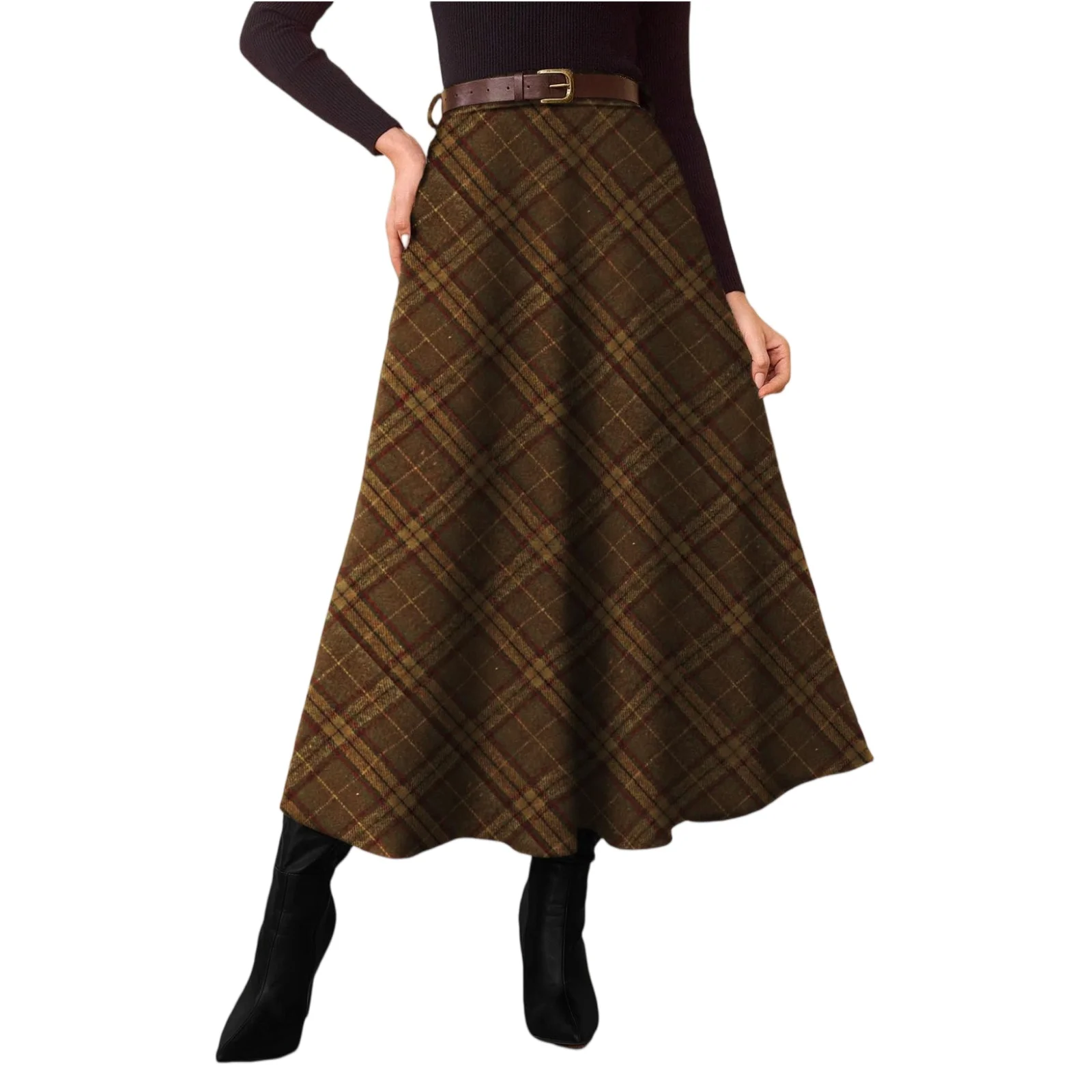 Women Flared Vintage High Waist A Line Tartan Skirts with Pockets Plaid Skirts Fall Winter Fashion Casual Long Skirt Faldas