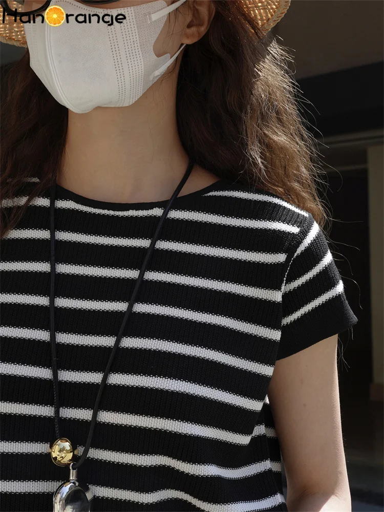 HanOrange 2026 Summer Retro Lazy Striped Contrasting Knit T-shirt Women Comfortable Breathable Tees Black/Purple