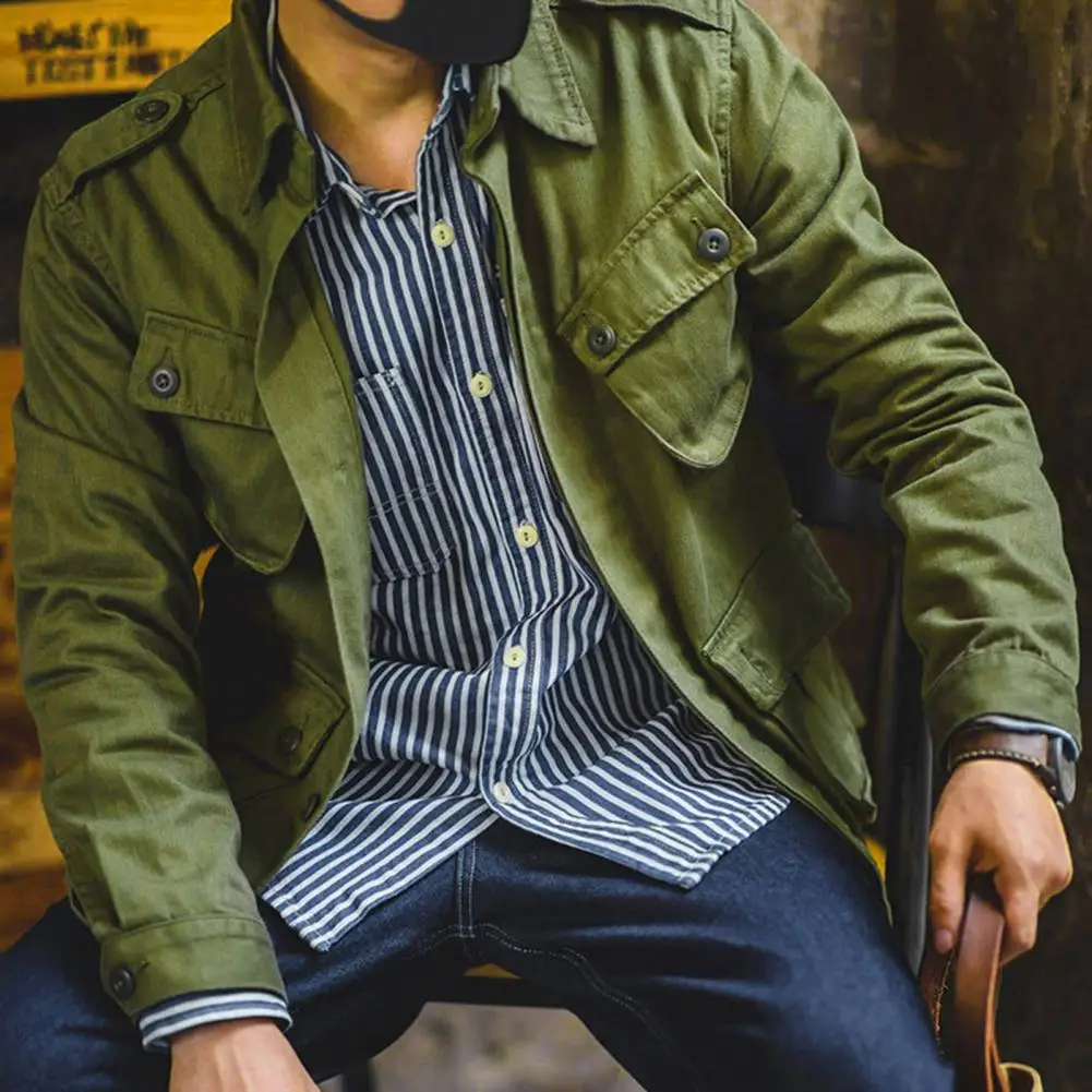 الرجال معطف البضائع التلبيب كم طويل بلون العمل نمط سترة مع أزرار جيب متعددة إغلاق القطن غسلها الخريف أبلى