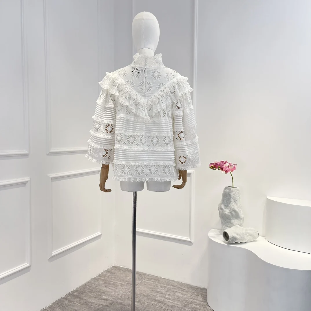 Blusa de algodón con bordado calado para primavera y verano, blusa de dos piezas con encaje Floral, Cuello medio alto, manga de tres cuartos, 2024