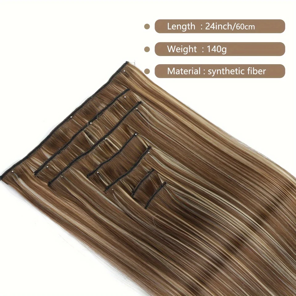 Estilo lacio largo, 16 clips, set de 7 piezas, extensiones de cabello sintético natural rubio y negro, resistente al calor para mujer 4