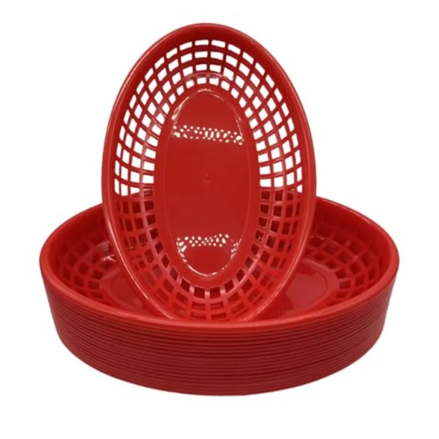 18Pcs Red-Oval Plastic Fast Food Serving Baskets, Reusable Sturdy Plastic Serving Baskets for Fast Food Great for Burgers, Frie