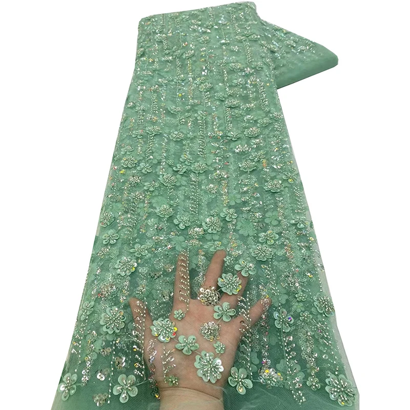 1 Yards African Sequins Bead Lace Fabric High Quality French Embroidery Nigerian Tulle Lace Fabric For Women Wedding Dress Craft