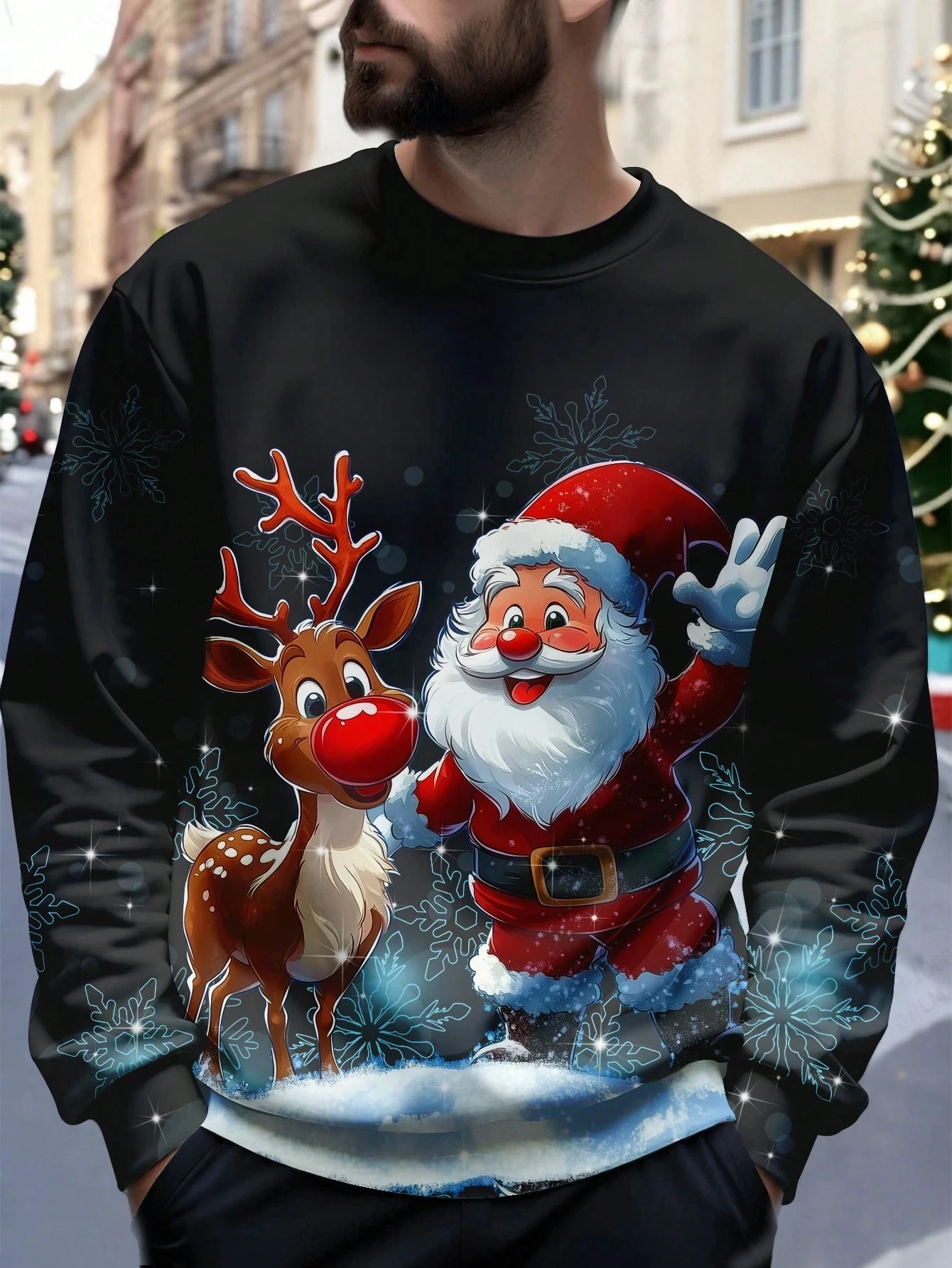 Men's crew neck pullover sweatshirt, Santa Claus gradient sweatshirt, unisex 3D printed cartoon pattern pullover.