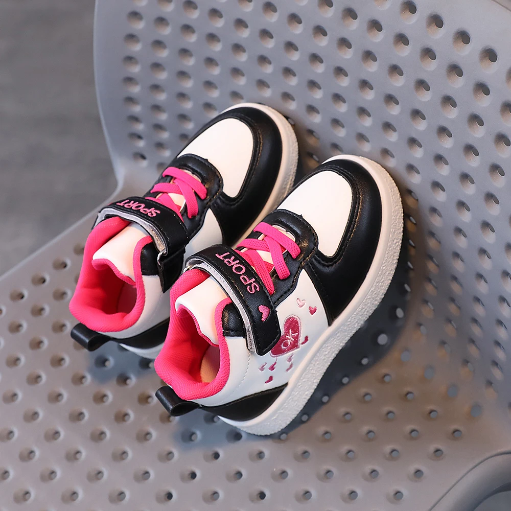 COMFY KIDS Girls 3-12 Years Black Pink Heart Princess Style Mid Top Shoes Adjustable Strap Soft Comfortable Easy To Clean Faux Leather All-Season Wear Casual Playdates Shoes