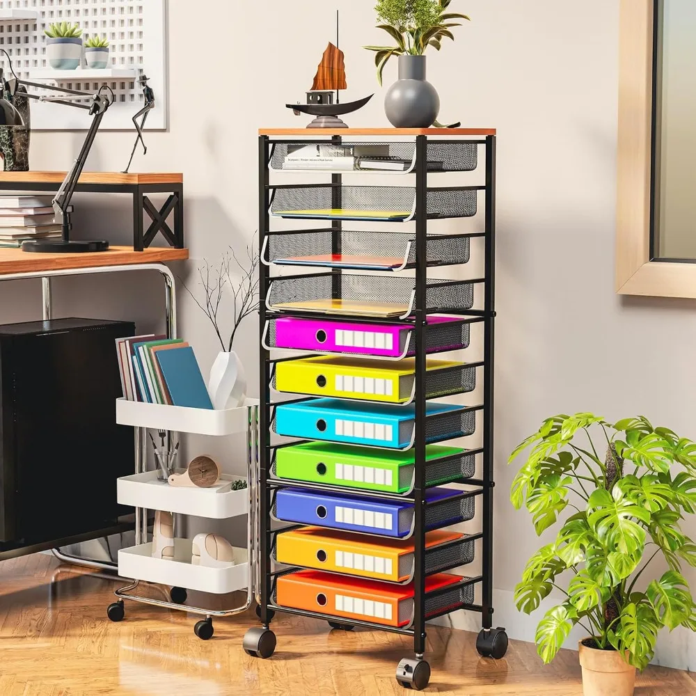 Simple Trending 12 Tier Rolling File Cart,Wood Desk File Organizer with Sliding Trays and Wetal Mesh Black Filing Cabinets