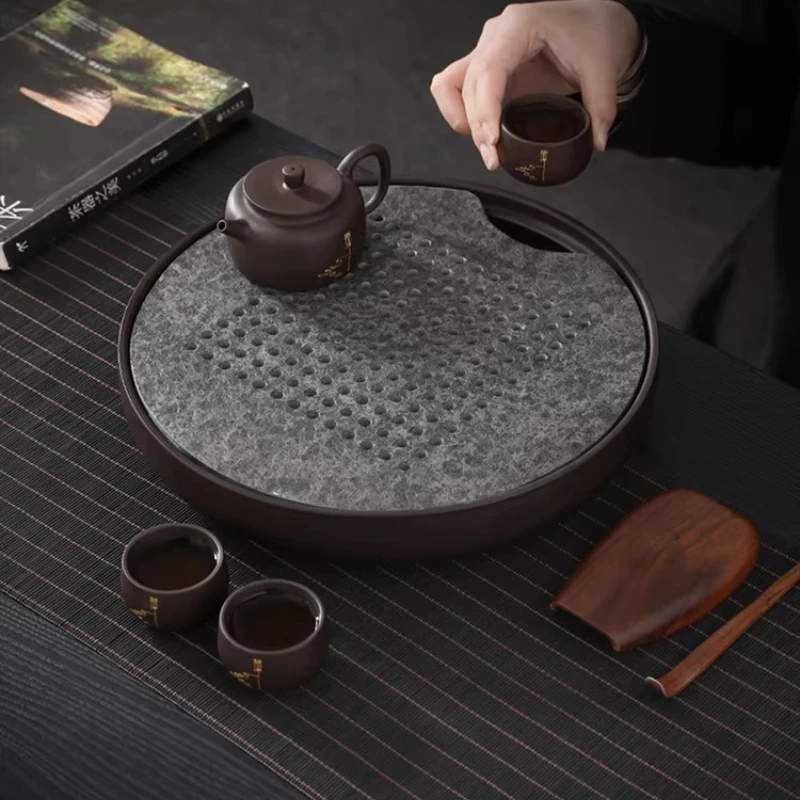 Black Serving Tea Tray Stone Mini Drip Ceremony Drainage Coasters Office Tea Tray Round Hospitality Bandejas Home Decorationgs