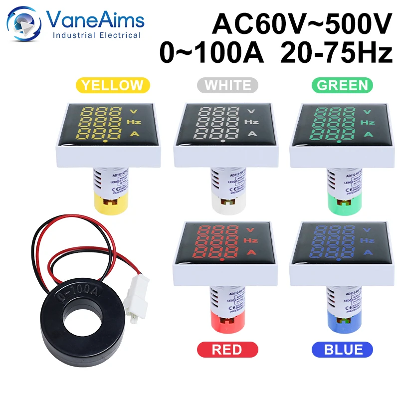 

AC LED Digital Voltmeter Ammeter Hertz Meter AC60-500V Voltage Current Frequency Combo Meter Big Square Panel Volt Amp Hz Tester