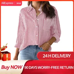 Damen hemd Bluse rosa gestreiften klassischen Druck, Knopf Langarm lässig ohne Taschen täglich Basic Shirt 2024 Herbst & Winter Tops