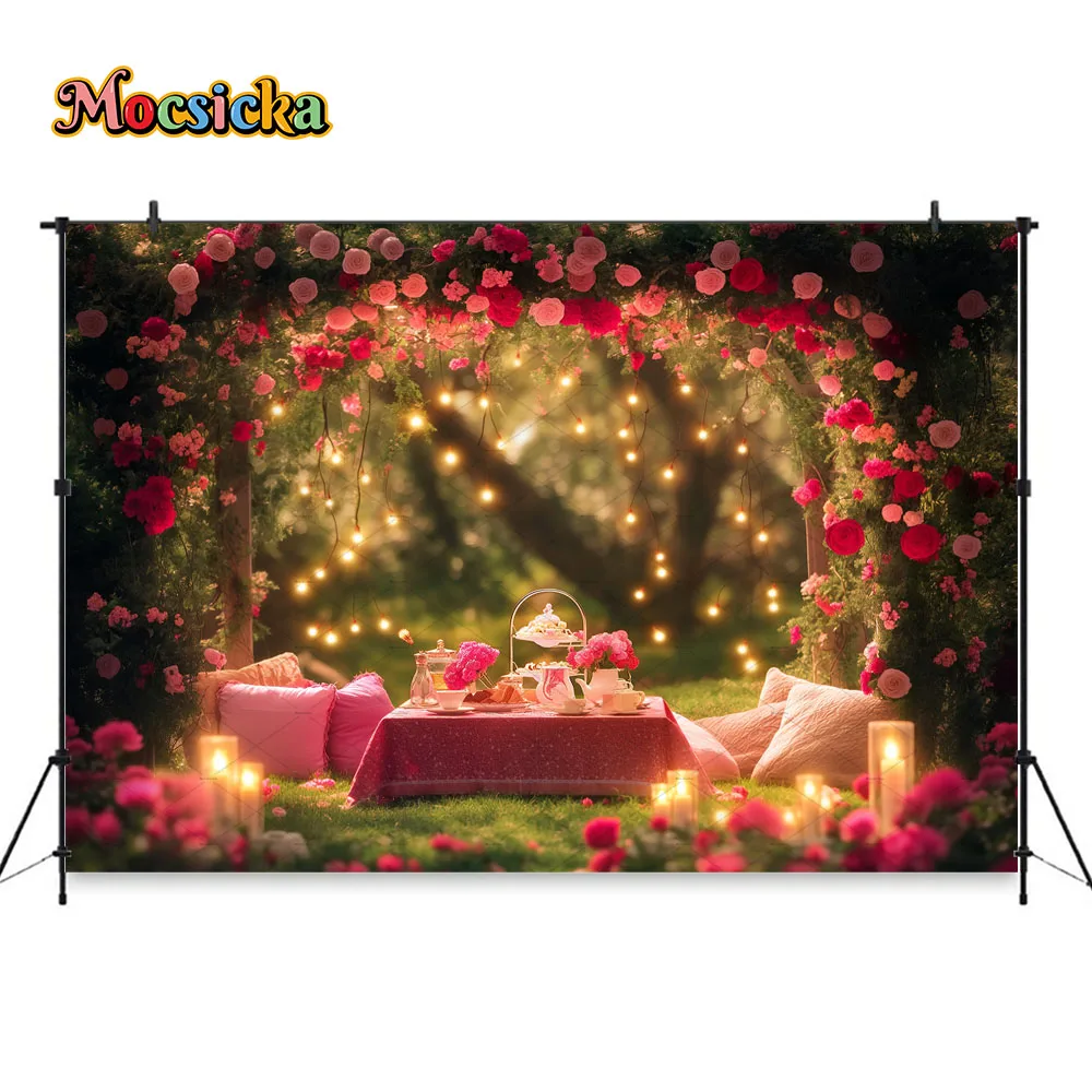 Mocsicka Valentine's Day Night Background Glitter Light Flower Bush Tea Party Backdrop Decor Girl Birthday Party Photo Studio