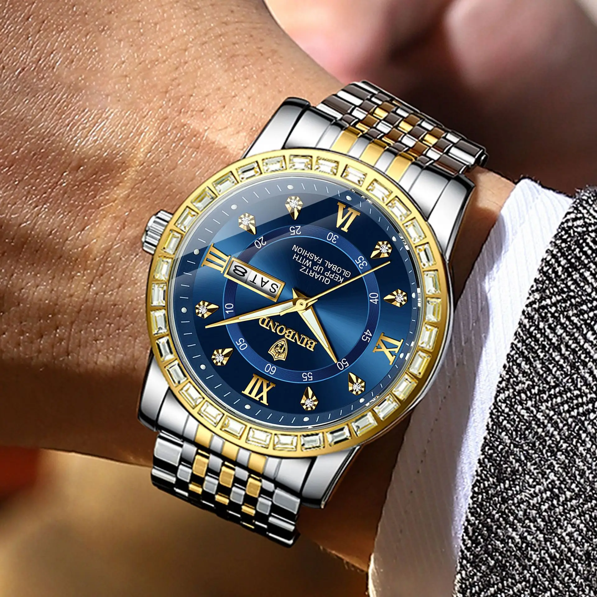 UTHAI CQ342 Fashionable Men watch,trendy business diamond inlaid dual calendar, waterproof luminous quartz watch，watches for man