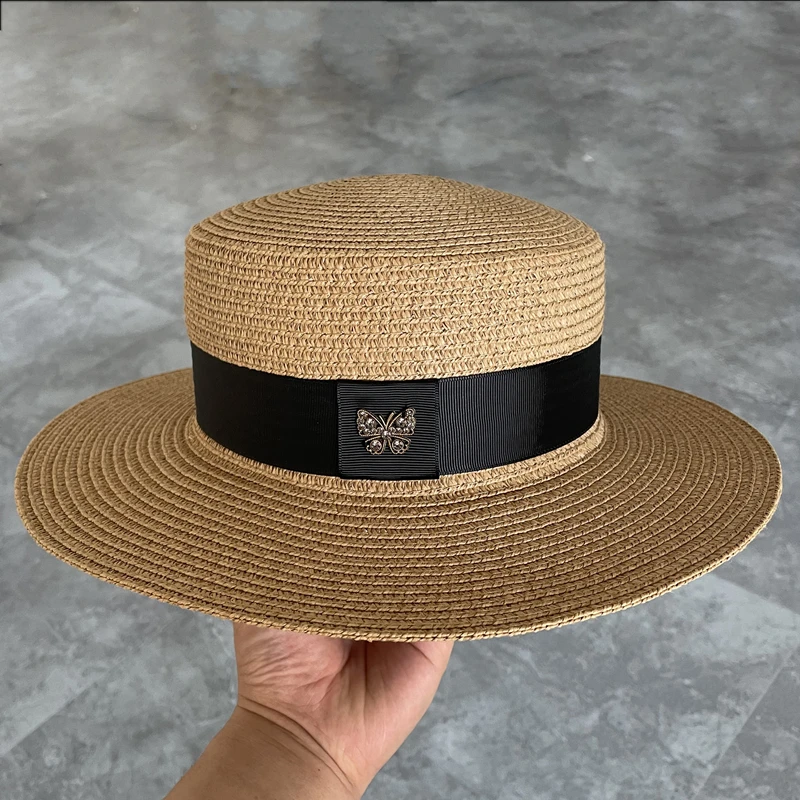 Trendy Hand Black Banded Butterflys Flat Top Straw Hat For Women Summer Beach Travel Sun Hat Retro Elegant Women\'s Bucket Hats