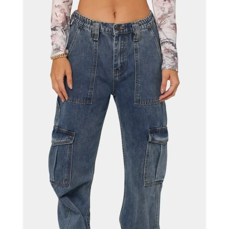 Pantalon en Denim à Jambes Larges pour Femme, Streetwear, Vêtements de Travail, Multi-Sacs, Tendance, Taille Haute, Cargo, artificiel astique