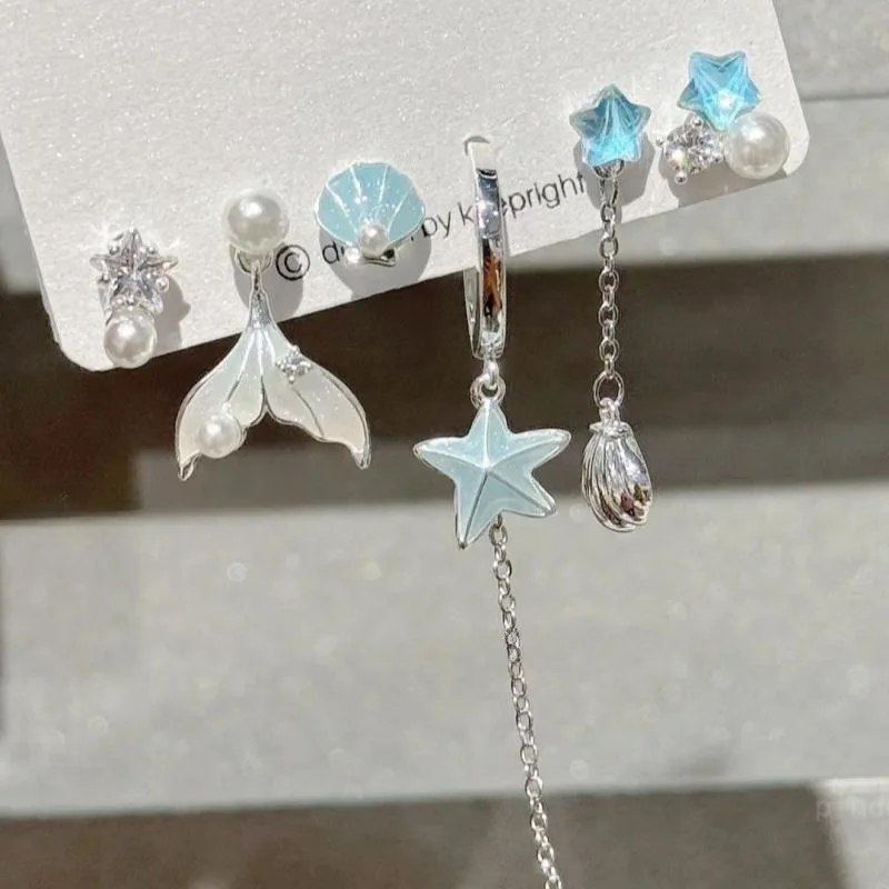 6PCS SET Fashion Y2K Blue Crystal Star Starfish Shell Pearl Tassel Chain Dangle Earrings Beach Ocean Accessories Gift Women NEW