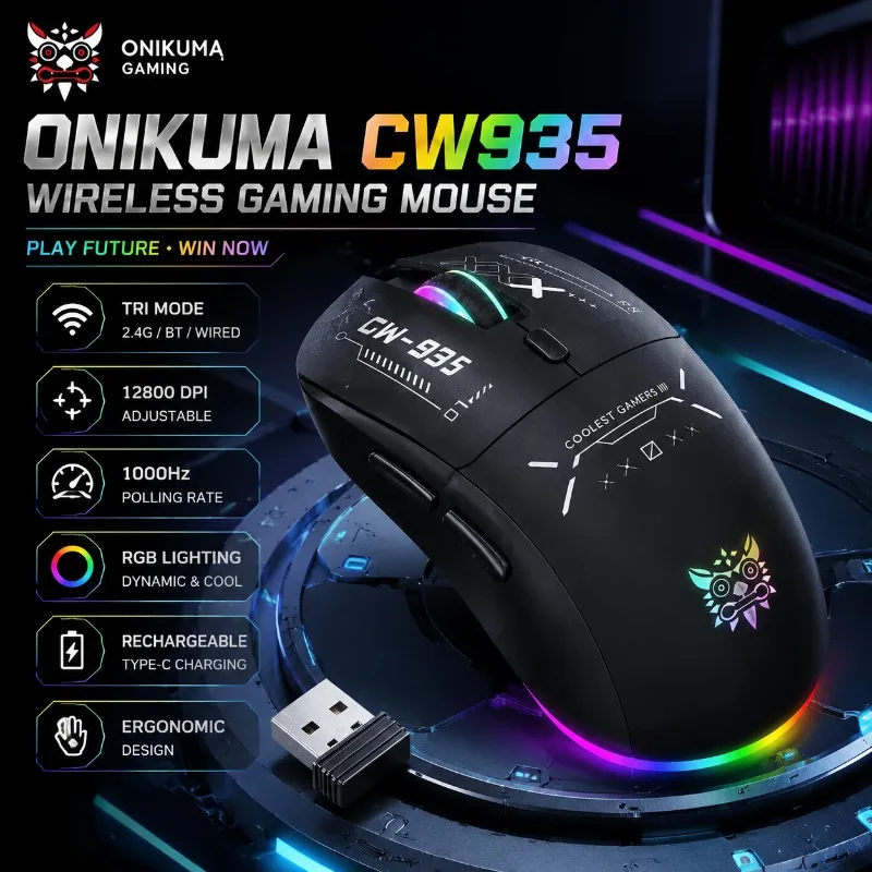 ONIKUMA CW935 Wireless Gaming Mouse Tri Mode Bluetooth 2.4G Wired RGB Lighting 12800 DPI 1000Hz Polling Rate Rechargeable Type-C