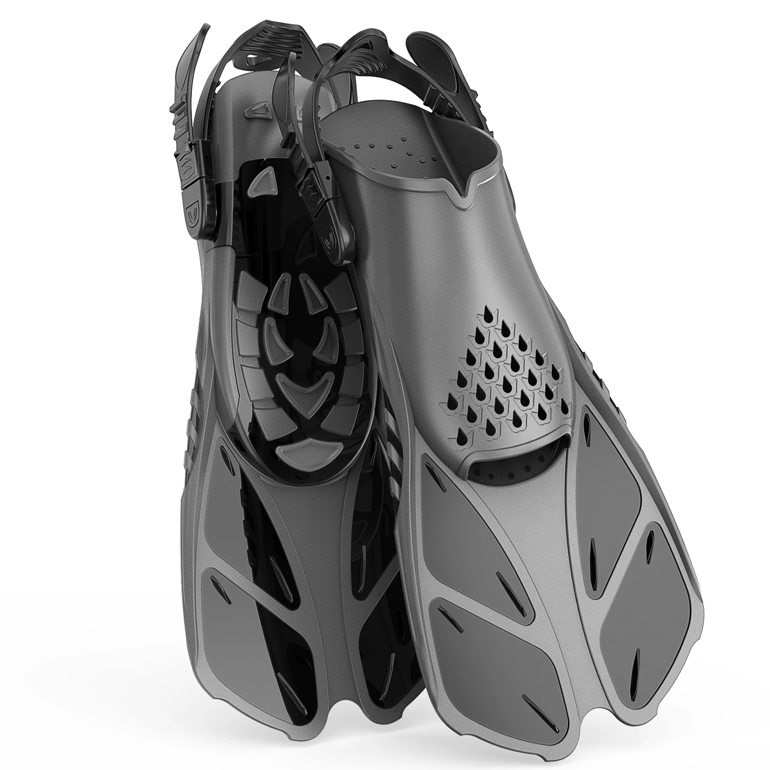 

Snorkel Fins Adjustable Buckles Swimming Flippers Short Silicone Scuba Diving Shoes Open Heel Travel Size Adult Men Womens