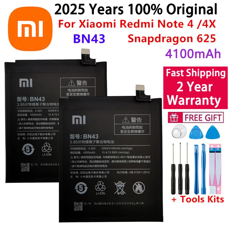 2025 years 100% Original Real 4100mAh BN43 Battery For Xiaomi Redmi Note 4X Note 4 global Snapdragon 625 Phone Batteries Bateria