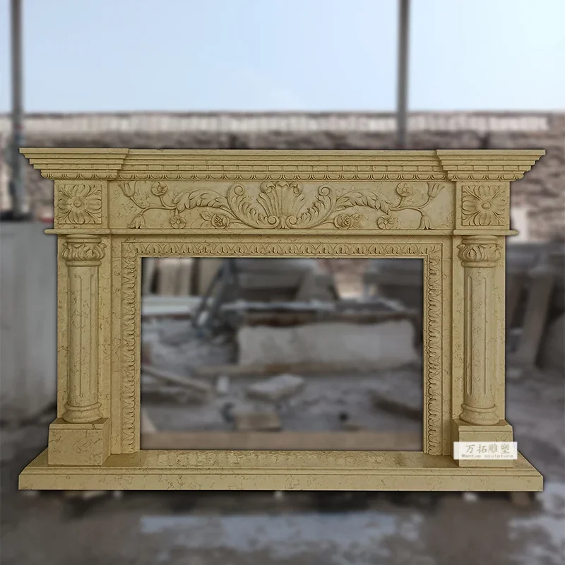 

A48 Natural stone, European carved marble fireplace, Egyptian beige decorative mantel custom