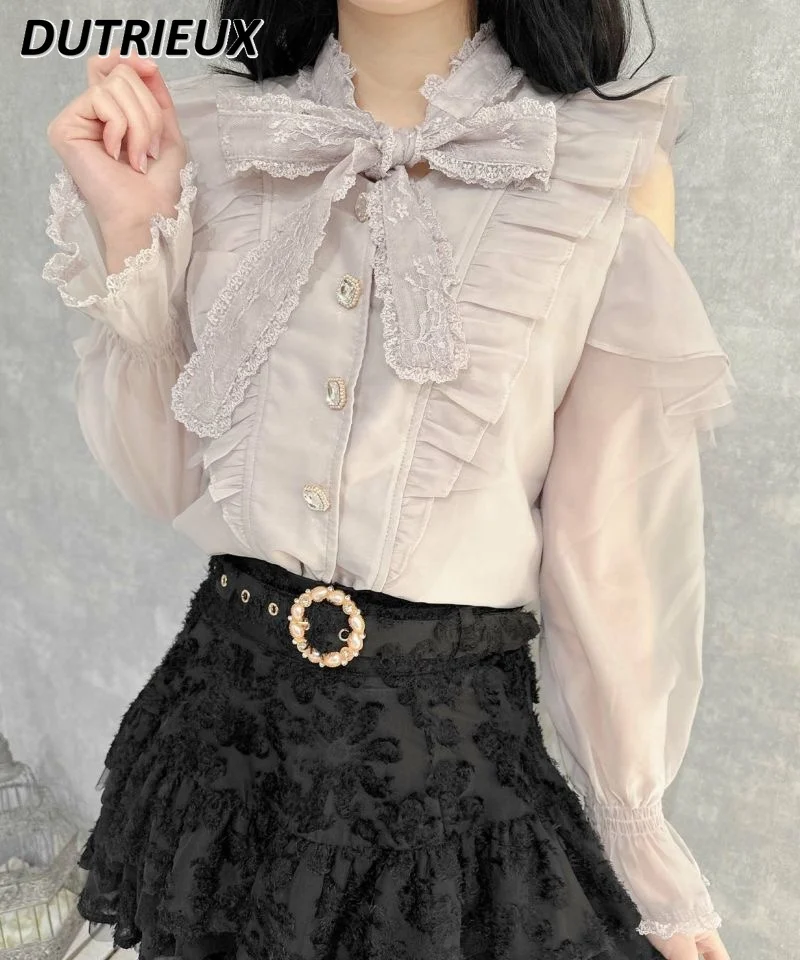 Japanese Style Sweet Lace-up Long Sleeve Off-Shoulder Tops New Special-Interest Design Solid Color All-Matching Bottoming Shirt