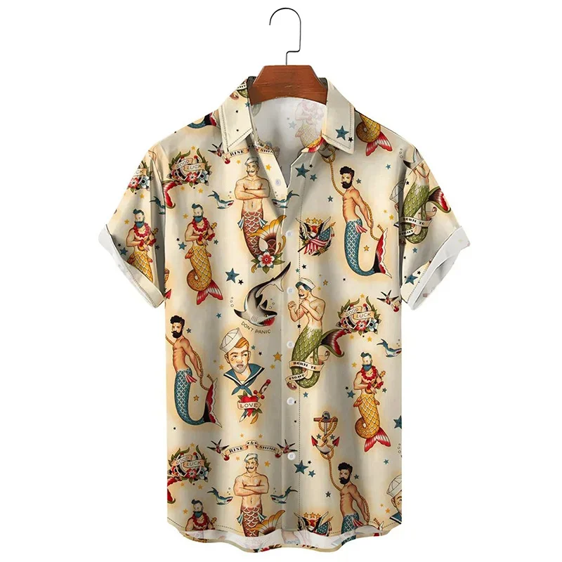 Sexy Mermaids Graphic Hawaiian Shirt For Men Marine Life 3D Printed Aloha Shirts Summer Harajuku Cool Blouses Lapel Short Sleeve