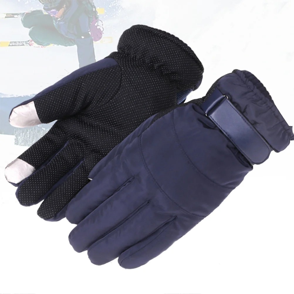 

Unisex Ski Gloves Touch Screen Winter Warm Finger Gloves Dark Blue Anti-Slip Silicone Palm Hook Loop Wrist Adjustable