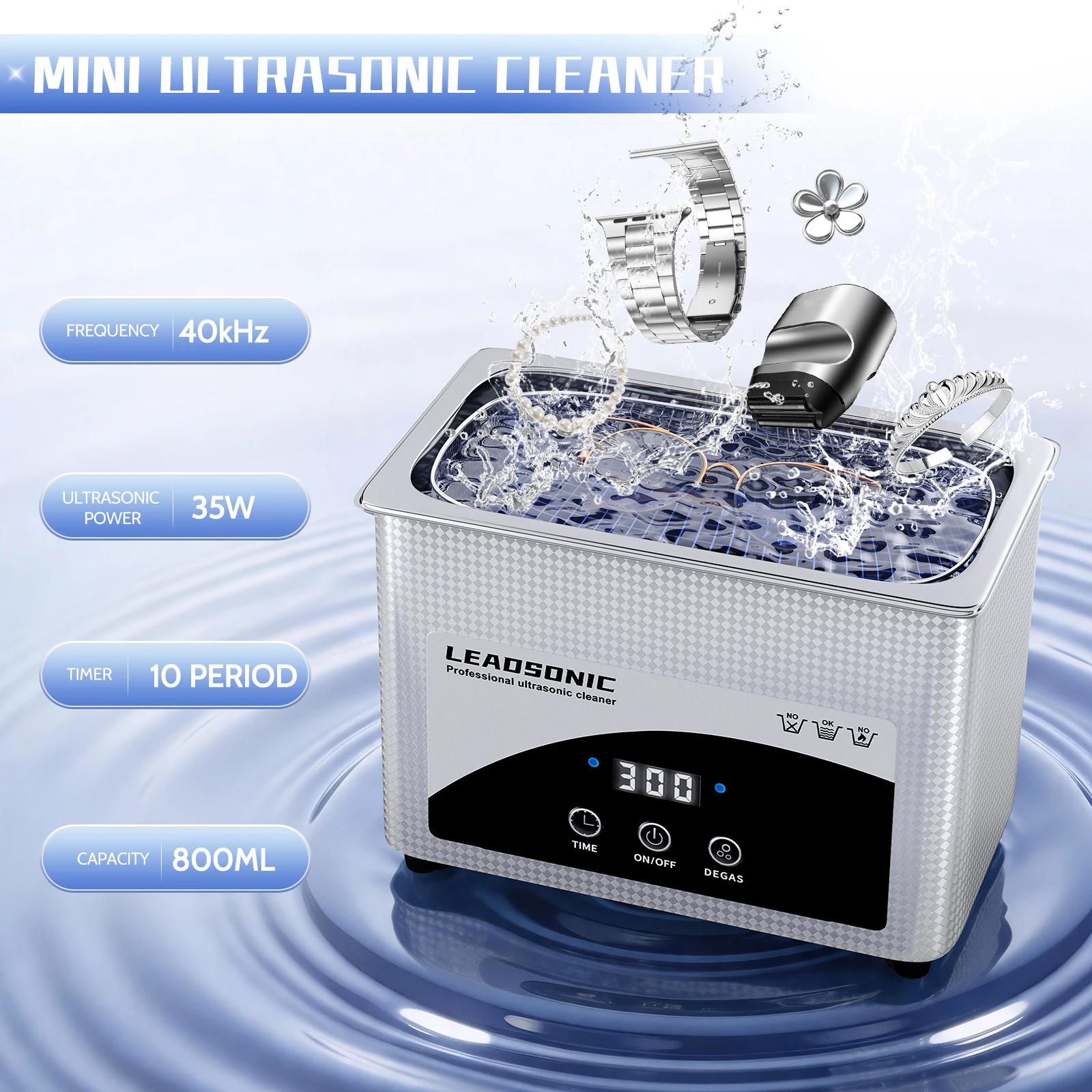 Digital Ultrasonic Cleaner 800ml Sonicator Bath 40KHz Degas for Gold Silver Jewelry Glasses Jade Necklace Oxides Rust Oil Washer