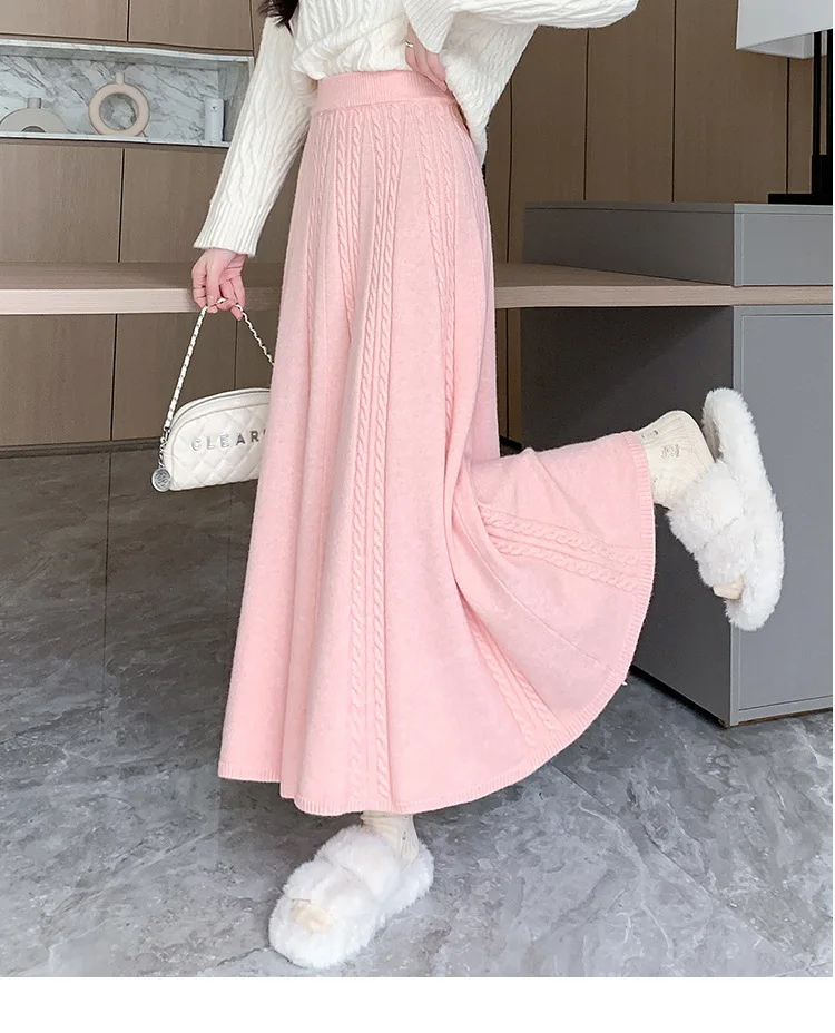 Women High Waist Cable Knit Midi Skirt A Line Flare Thick Warm Long Sweater Skirt Two Colors