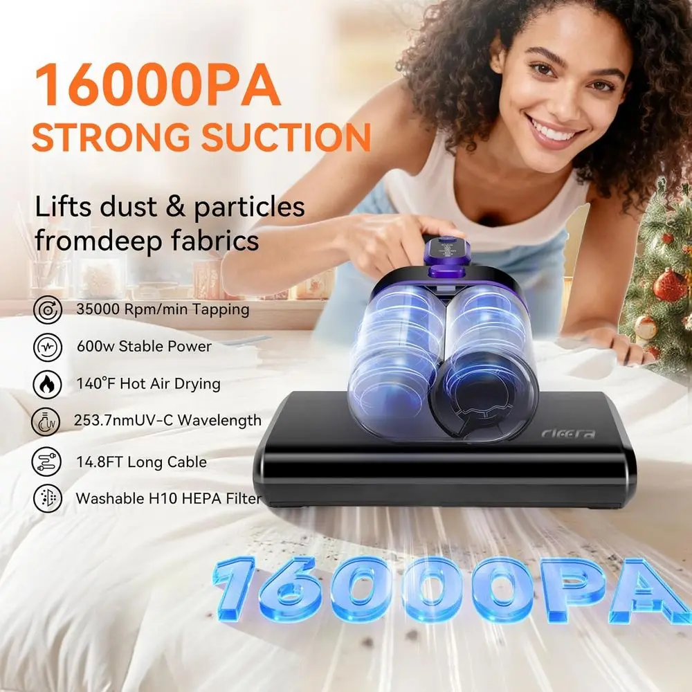 Corded 600W Mattress & Sofa Cleaner with 16KPa Suction, UV-C Light, 140°F Heat, and HEPA Filter for Pet Hair Removal