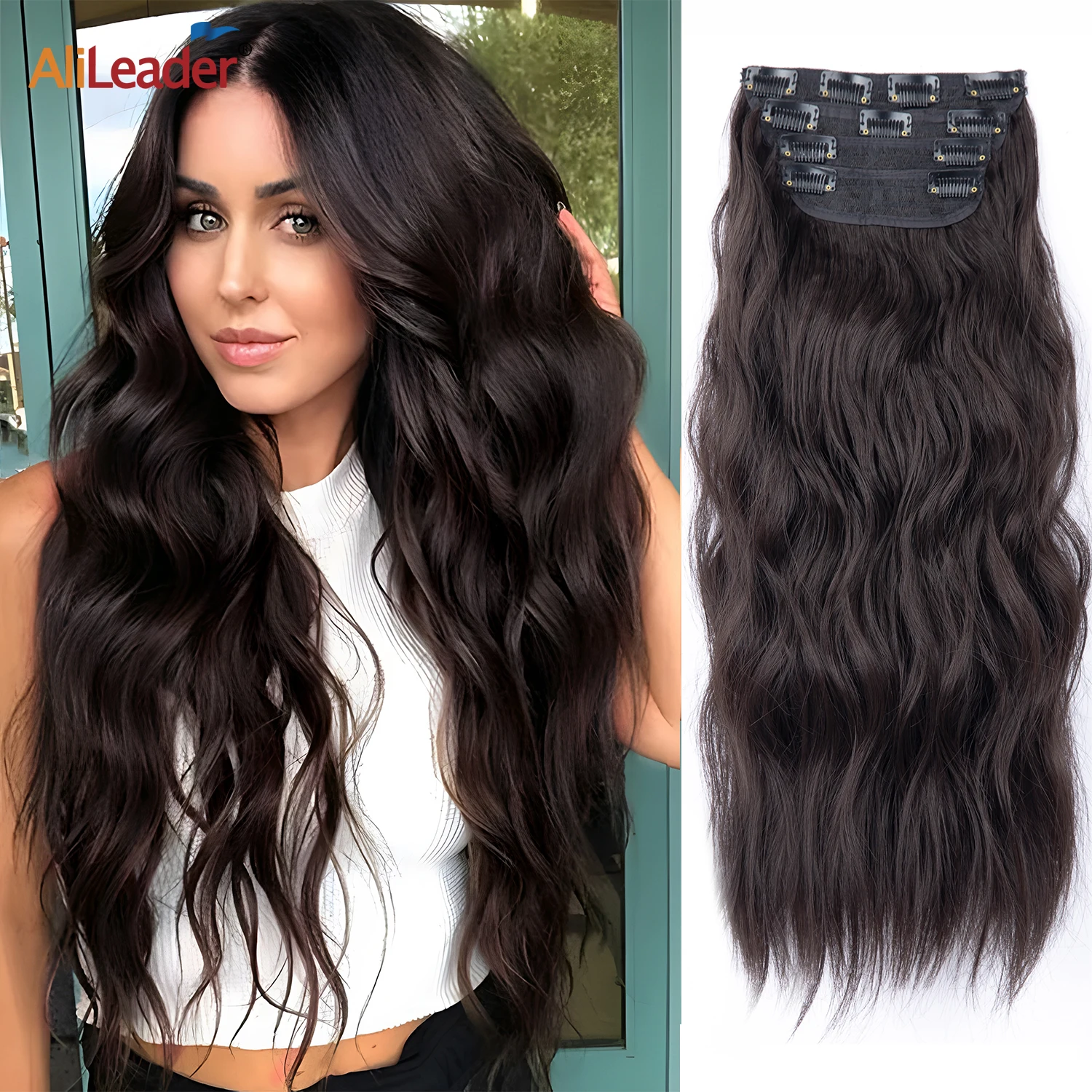 Clip In Hair Extensions Synthetic Hair 20Inch Long Wavy Hair Piece Clip In Hair Extensions 11Clips 4Pcs/Set Ombre Fake Hairpeces