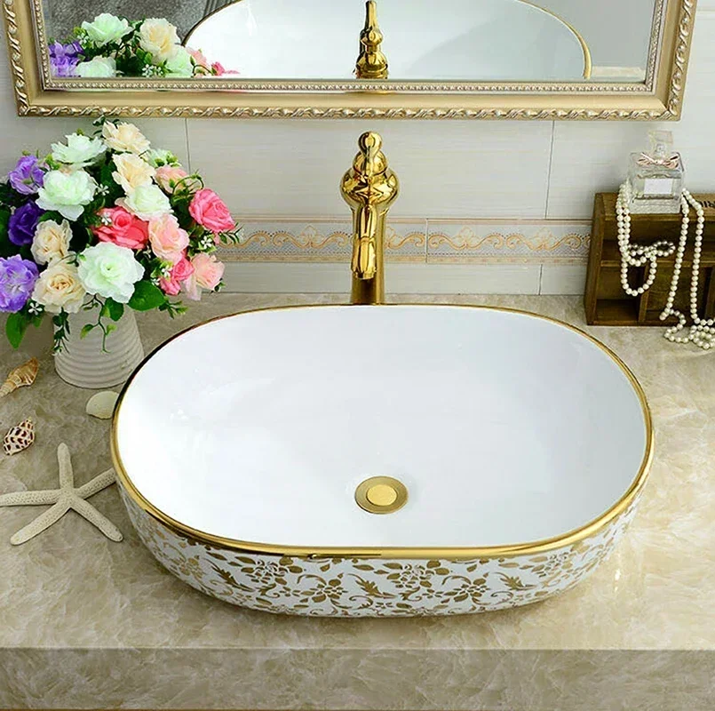 YYHC-Electroplate gold sink oval color flower countertop basin art ceramic hand wash basin bathroom vanity