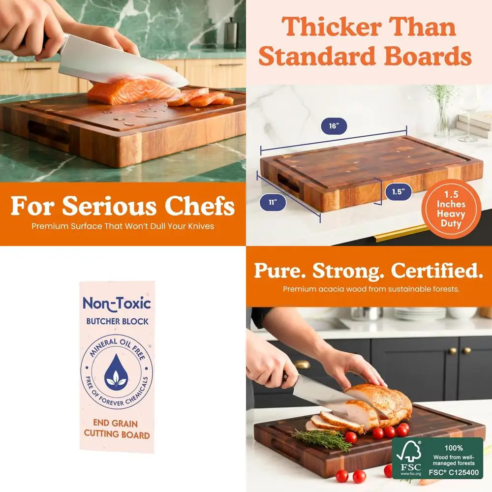 

1.5 Acacia Wood End Grain Cutting Board, 16x11, Conditioned with Beeswax, Flaxseed, and Lemon Oils