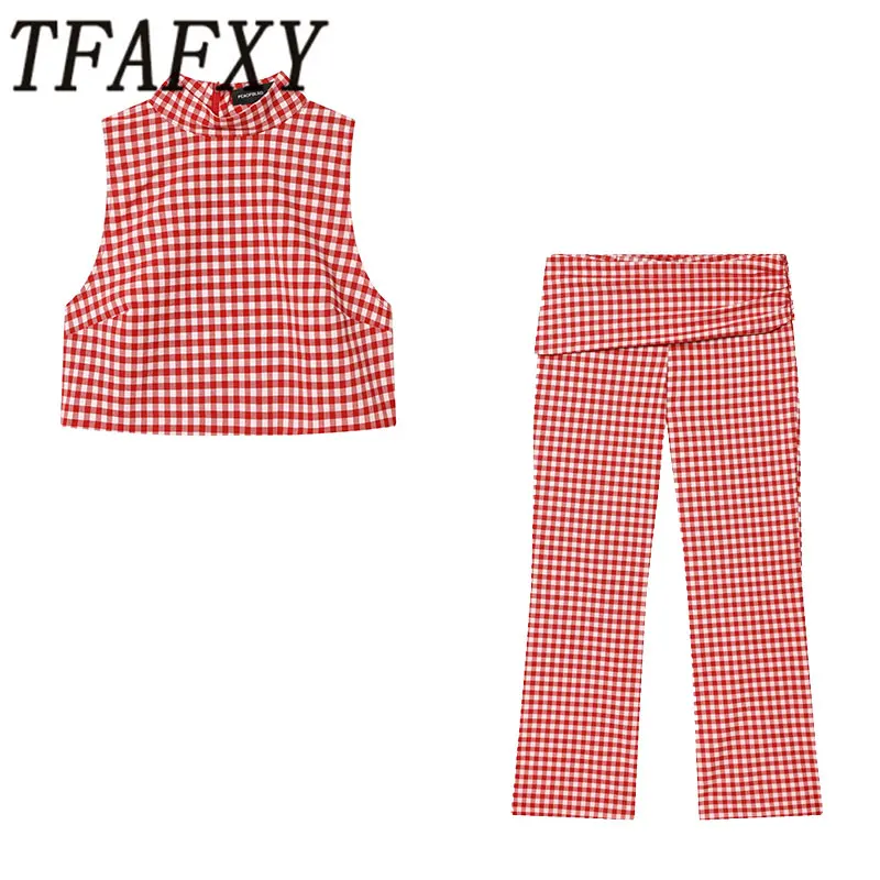 TFAFXY 2026 Summer Checked Printed Women Sets Sleeveless O-Neck Slim Vest Straight Long Pants Fashion Casual Suits Y2K
