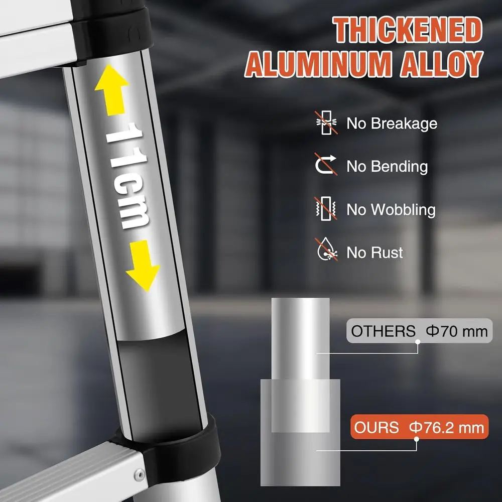 12.5 FT Aluminum Telescoping Ladder, One Button Retraction Extension Ladder, 375 lbs Load Capacity with Non-Slip Wide Feet, Comp