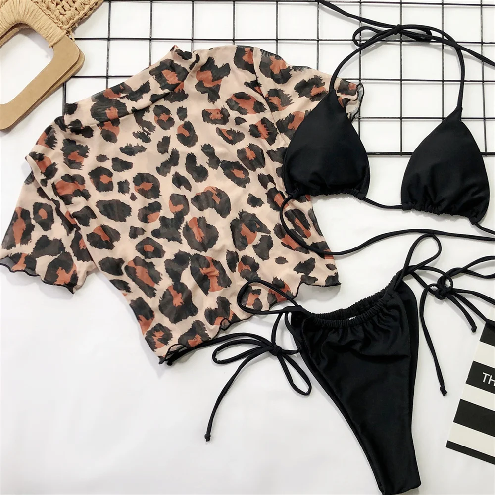 

Горячий сексуальный леопардовый бикини, черный купальник Y2K, комплект бикини с треугольными завязками, сетчатый укороченный топ, купальник, женский пляжный наряд, купальный костюм
