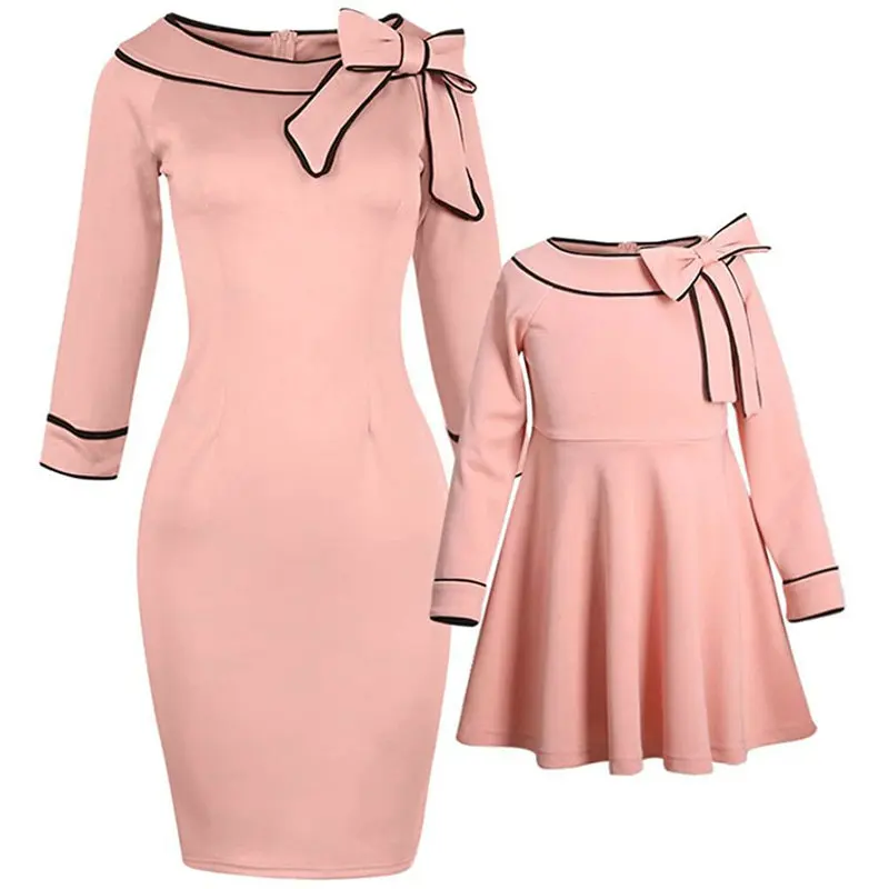 Pink Women Kids Girls Dress Family Matching Outfits Clothes Long Sleeve Wedding Party Dresses For Mother And Daughter Dress