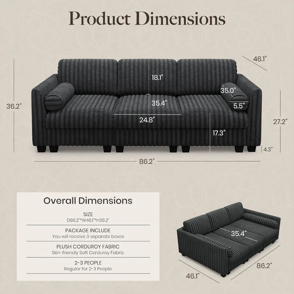 Plush Corduroy Modular Sectional Sleeper Sofa with Wide Deep Seat, Cloud Couch for Living Room, Custom