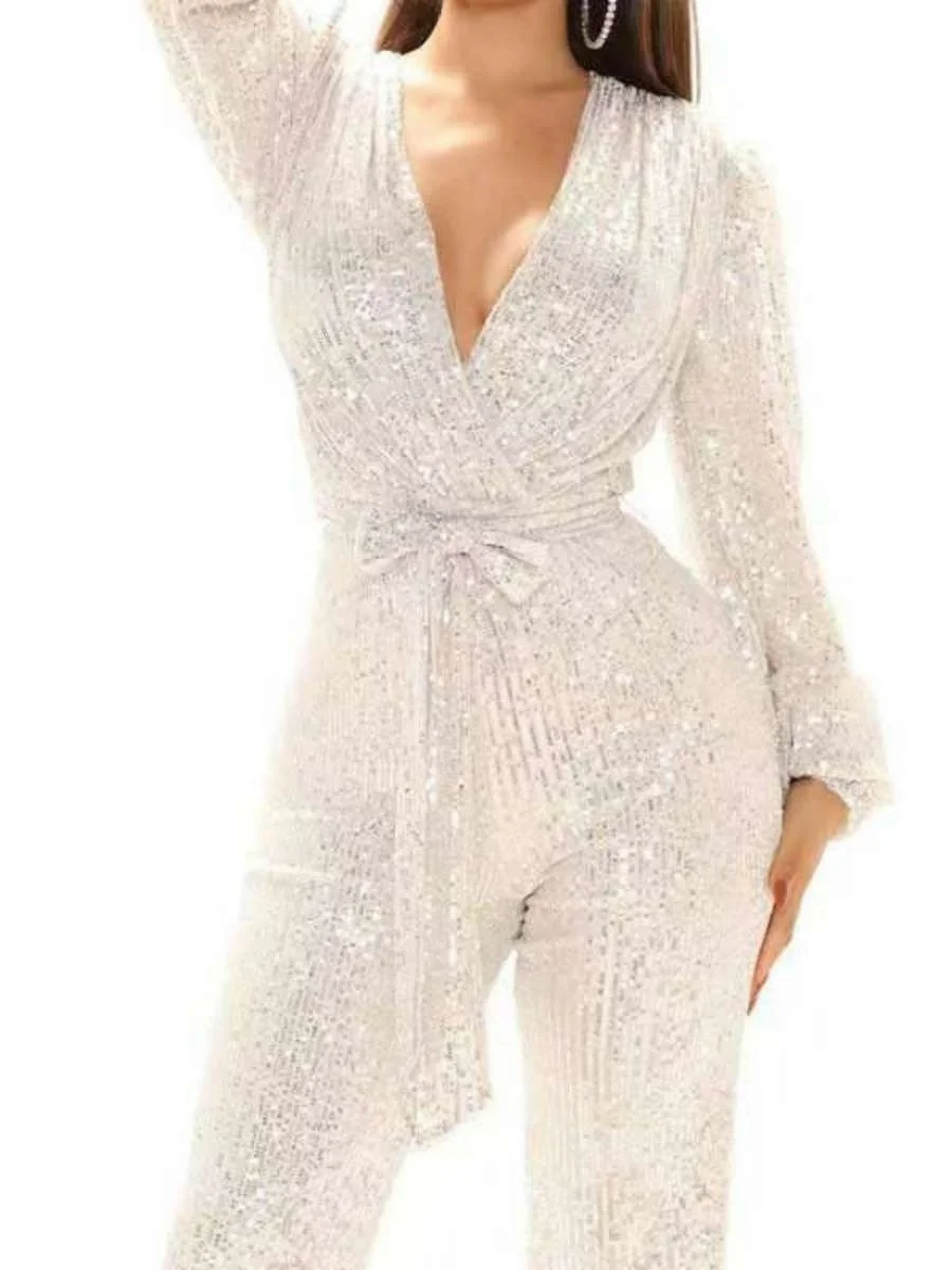 

Sexy Wide Leg Sparkling Sequin Onesie Fashionable Autumn Winter Women's Suit Long Pants Trendy mid Waist All Cotton