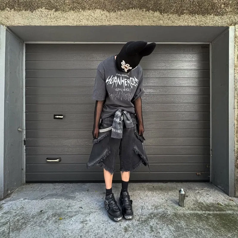 

Spring Autumn High Street fringed irregular striped loose jeans Y2K retro hip-hop pants Gothic Harajuku fashionable men jeans