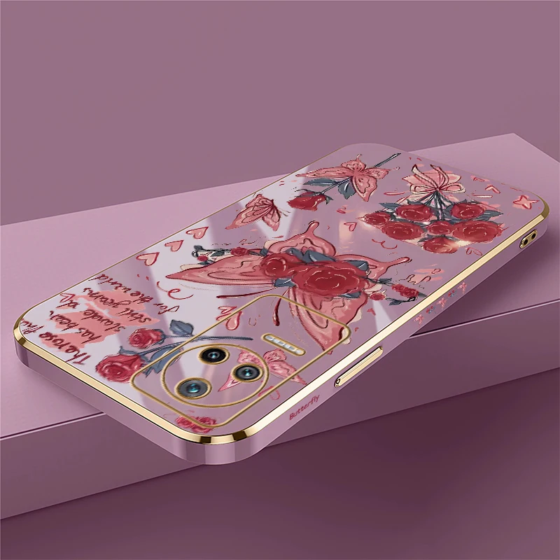 Poco F6 Painting Red Rose Flower Case For Xiaomi Poco F1 F3 GT F4 F5 F6 Pro Soft Red Butterfly Luxury New Plating Phone Cover