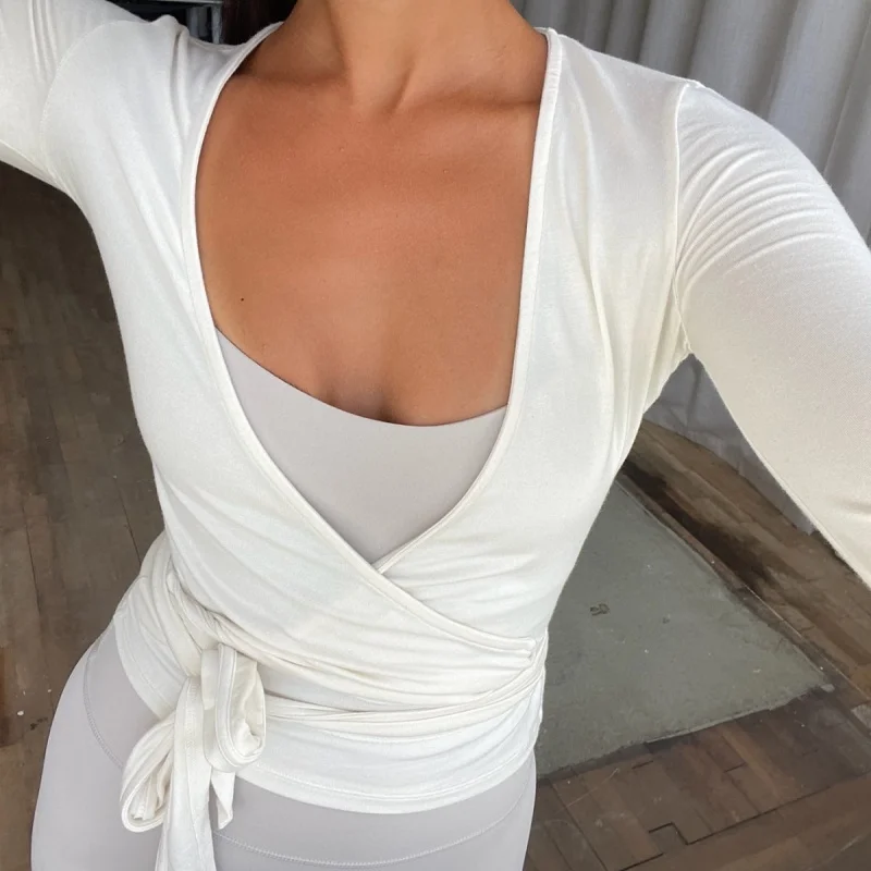 Y2k الباليه بيلاتيس التفاف الأعلى للنساء تجريب اليوغا الرقص طويلة الأكمام التفاف قميص سليم التعادل الجبهة الخروج المحاصيل القمم #2