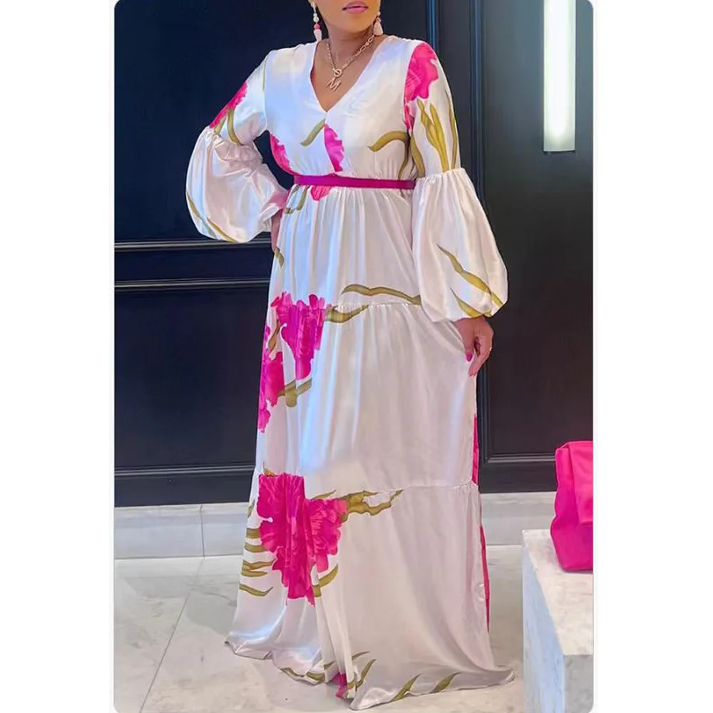 

Elegant Printed Dress For Women Spring New Party Robe Fashion V-neck Lantern Sleeve High Waist A-line Big Hem Long Dresses