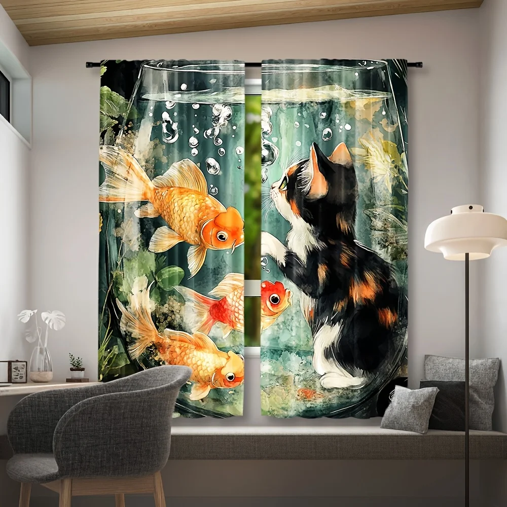 3D Cat and Goldfish Curtain, Cute Kitten Watching Fish Bowl Print Drape, Funny Animal Window Treatment for Kids Room Living Room