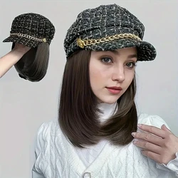 Synthetic 10 inches short Xiaoxiangfeng Navy Hat Wig Inner buckle layered cut straight hair short collarbone hat wig