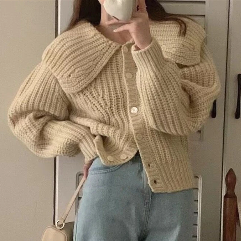 

Women Knitted Cardigan Sweater Solid Casual Jumper Coat Peter Pan Collar Long Sleeve Single Breasted Loose Fit Thick 2025 Autumn
