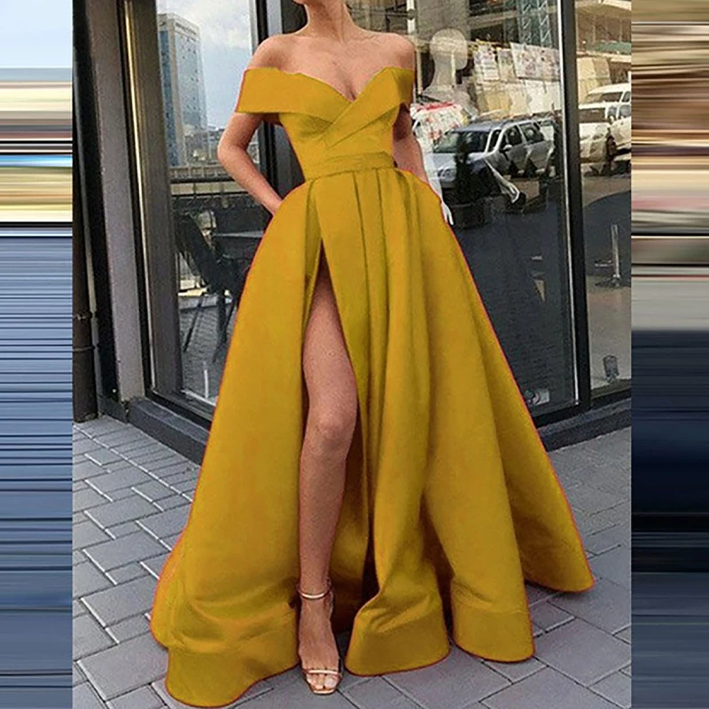 OMSJ Celebrity Women\'s Sexy Off Shoulder Strapless Low-cut V Neck High Side Split Formal Maixi Dresses Ladies Evening Party Wear