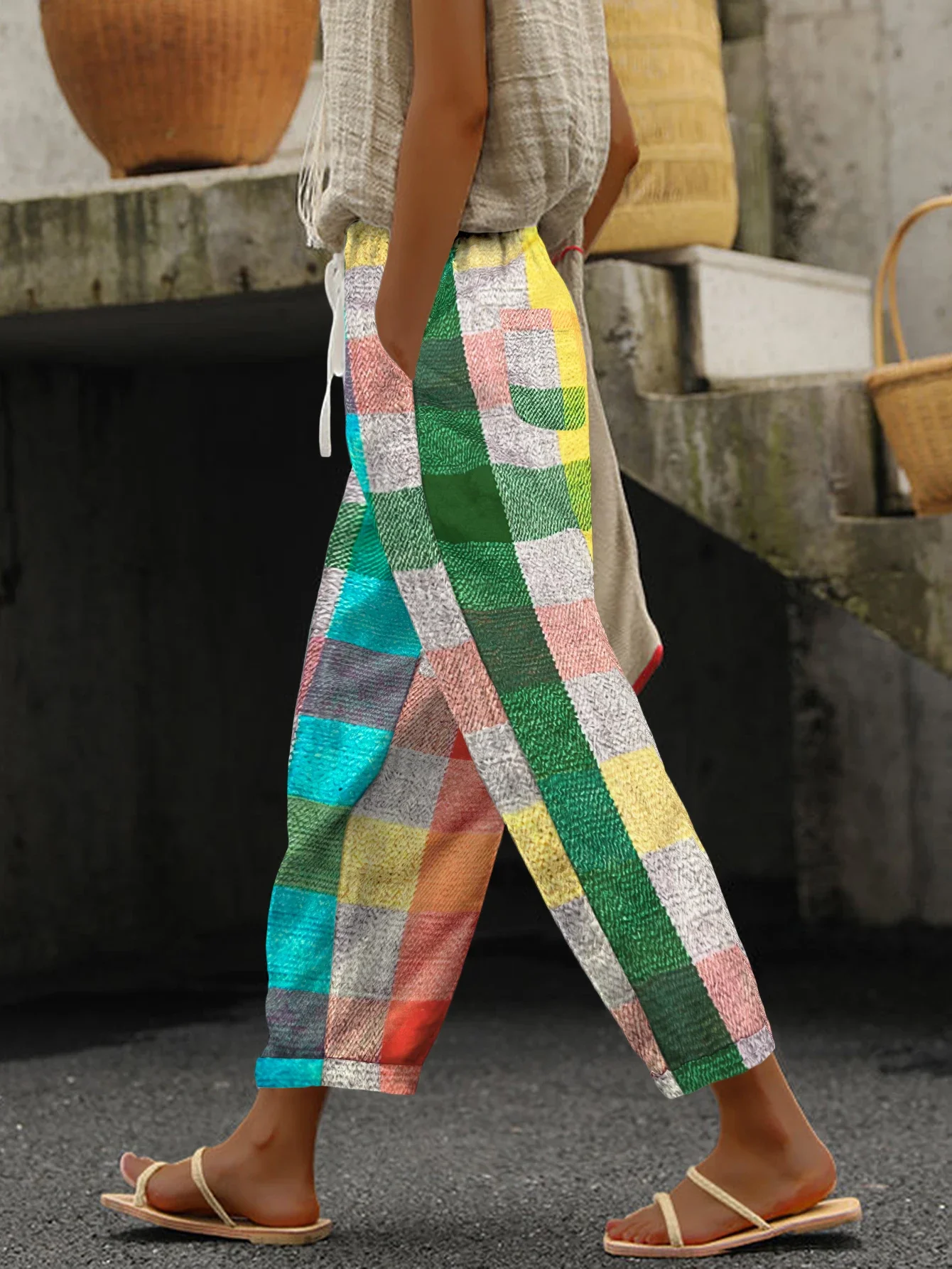 New Trend Women Plus Size Colorful Plaid Loose Lace-Up Pants High Waist Drawstring Casual Beach Trousers Fashion Chic Outwear