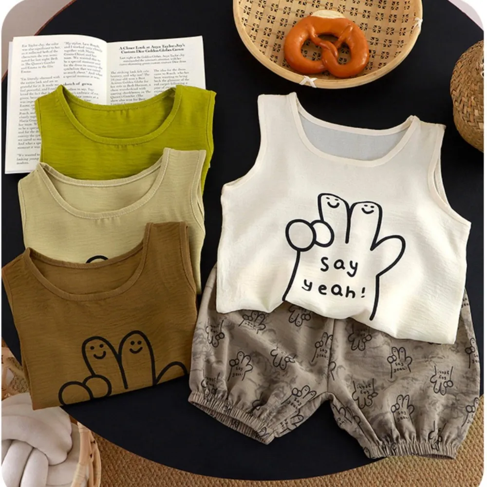 

Kids "Say Yeah" Cartoon Hand Print Tank Top Shorts Set Toddler Boys Summer Outfit Sleeveless Vest with Pants Children's Clothing